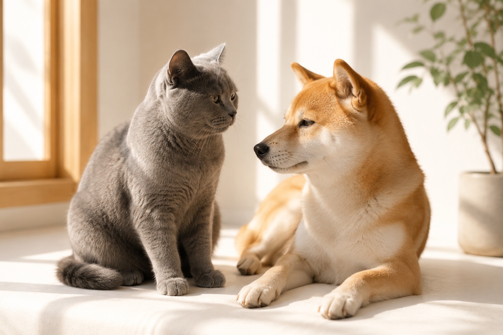 身を寄せ合う猫と柴犬。大切な家族を世界へ。