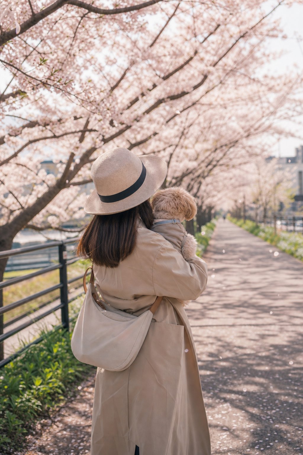 The back view of an owner walking with their beloved dog, who is about to go on a trip, along a path lined with cherry trees