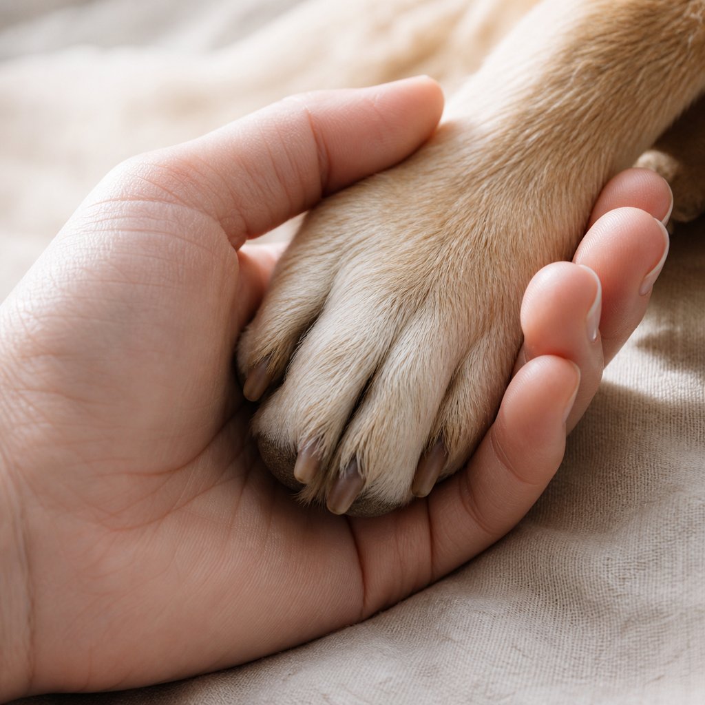 The dog’s front paw gently resting on its owner’s hand. A photo that symbolizes the trust between family members.
