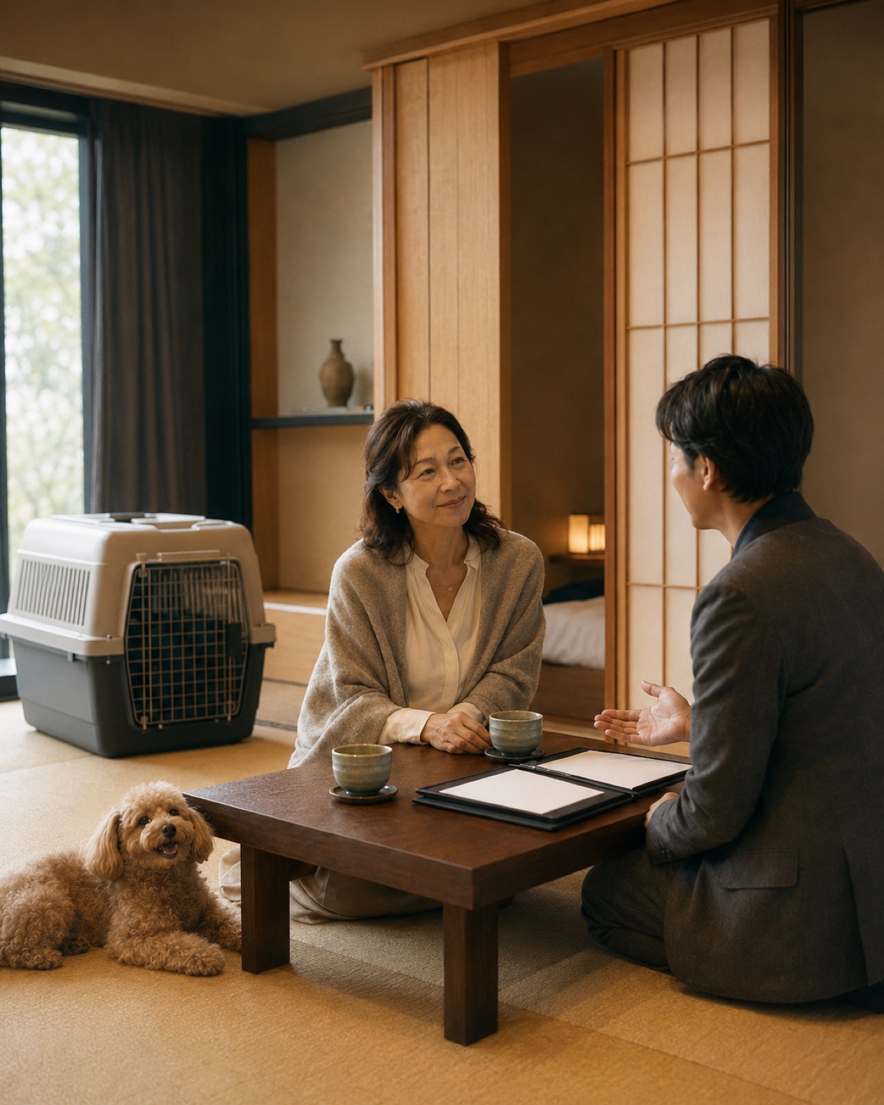 和室で渡航のご相談を伺うようす。ご家族の状況に合わせて準備を組み立てます