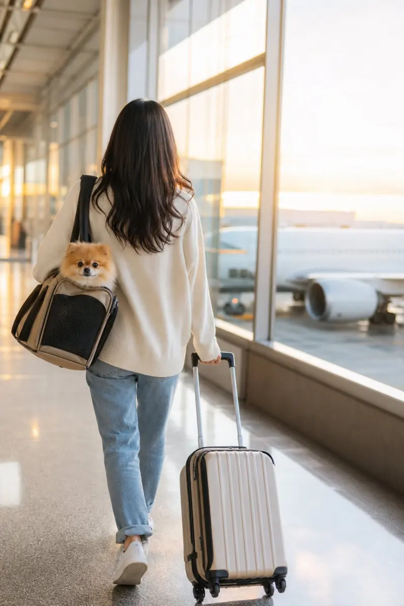 空港のゲートへ向かう飼い主と、キャリーバッグの中のワンちゃん