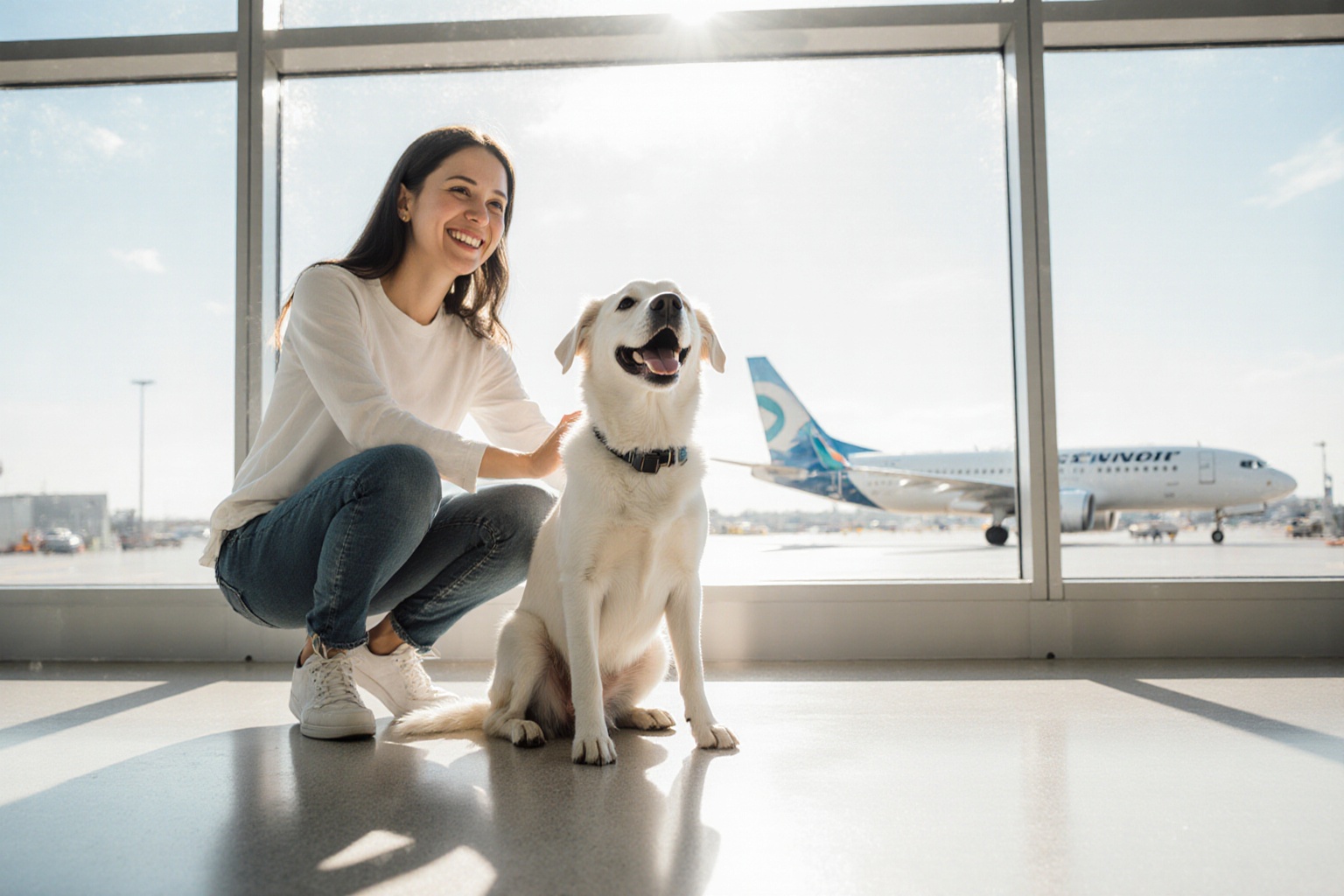明るい空港で、飼い主とペットが一緒に出発を待つ様子。滑走路には航空機。