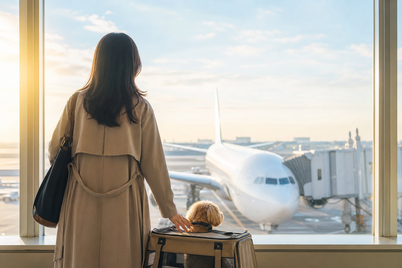 大きな窓の空港で、ペットと一緒に出発を待つ飼い主の後ろ姿。滑走路には航空機。